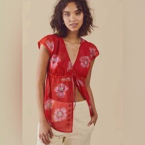 Free People Cecile Floral Red Sheer Women's Top